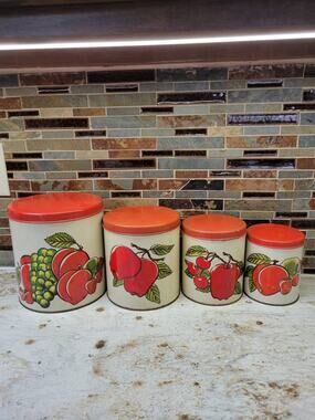 Vintage Ballonoff Fruit Metal Canister Set 4pc Retro Mid Century Kitchen Tins